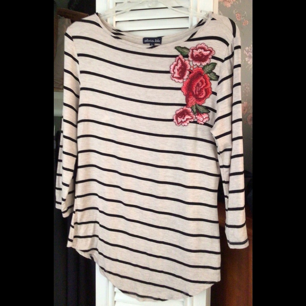 Neutral 3/4 Sleeve Top with Black Stripes